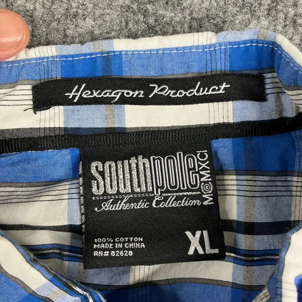 Southpole Shirt Mens XL Blue Plaid‎ Short Sleeve Button-Up Casual Western